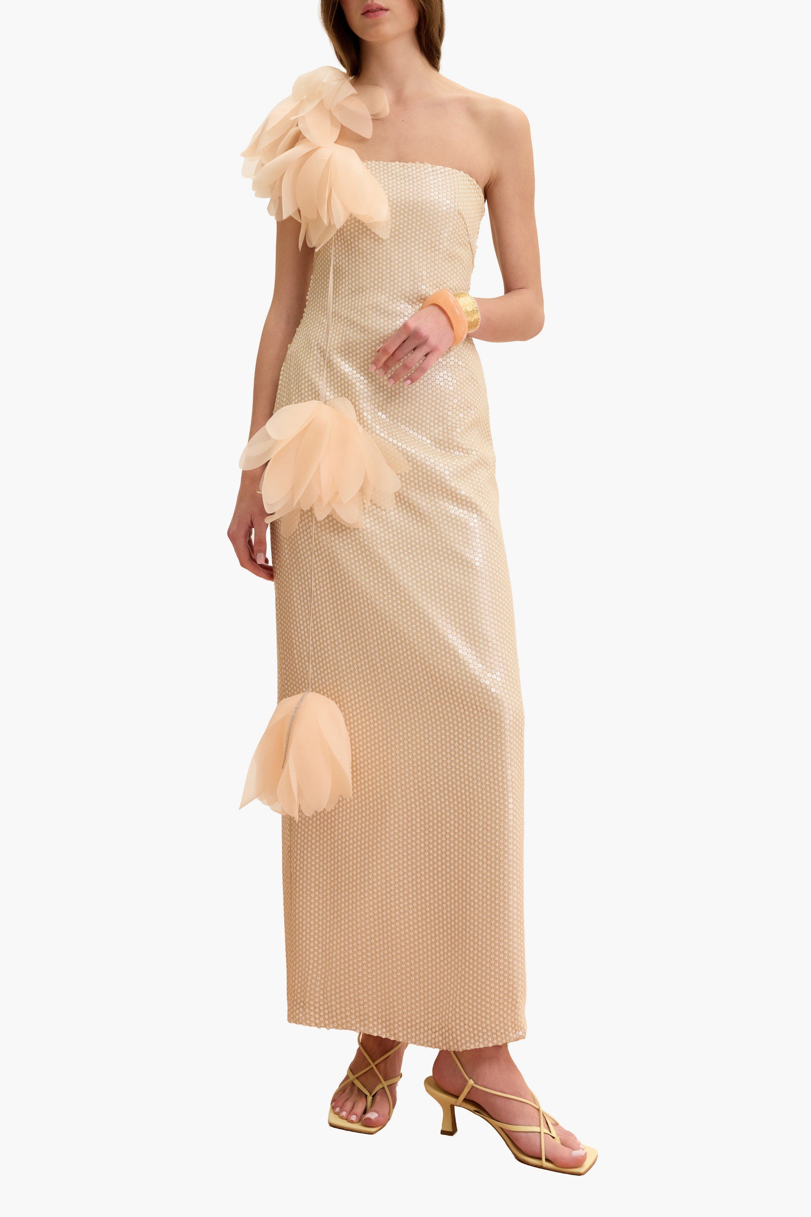 One-Shoulder Sequin Floral Gown - image 2