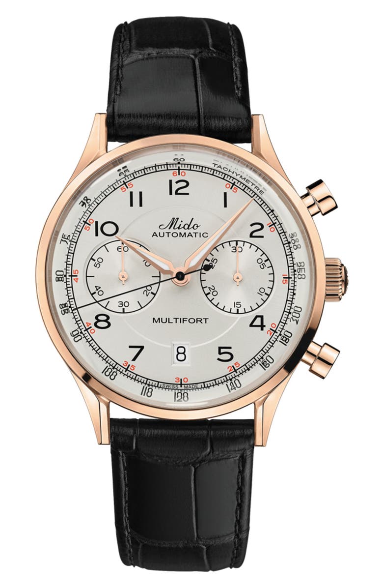 MIDO Multifort Patrimony Chronograph Leather Strap Watch, Main, color, Ivory