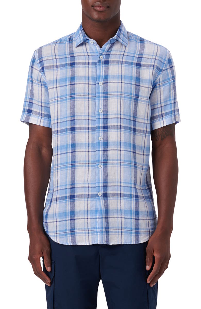 Bugatchi Plaid Short Sleeve Linen Button-Up Shirt, Main, color,