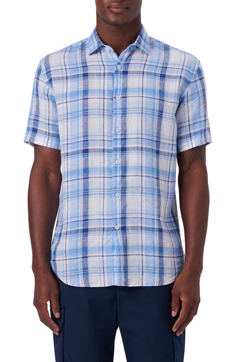 Plaid Short Sleeve Linen Button-Up Shirt