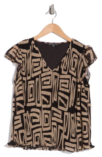 Adrianna Papell V-neck Flutter Sleeve Chiffon Top In Black/cream Large Geo