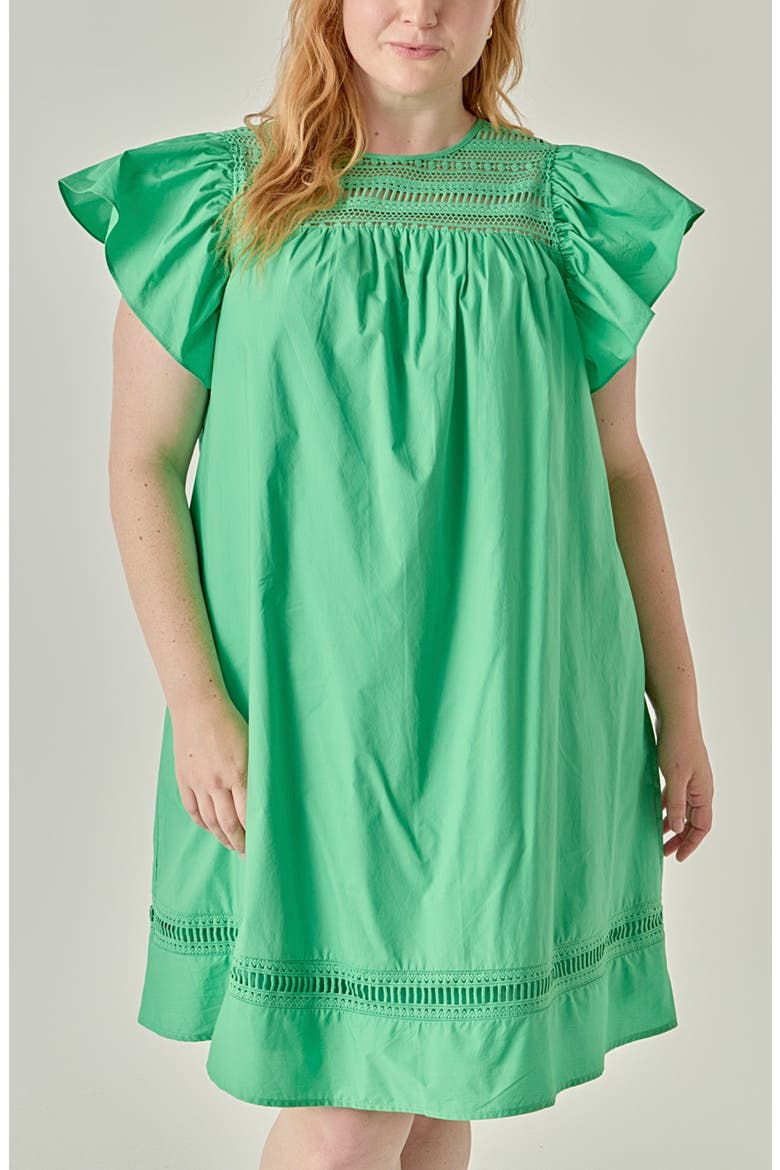 Lace Yoke Ruffle Sleeve Minidress, Alternate, color, GREEN
