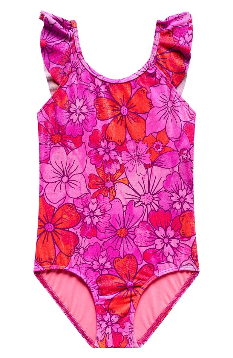 Beach Lingo Kids' Floral Ruffle One-Piece Swimsuit, Main, color, Pink
