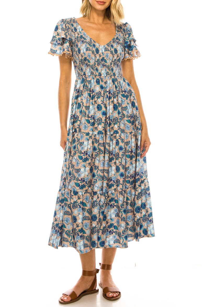 Floral Print Flutter Sleeve Midi Dress, Main, color, HAZELNUT