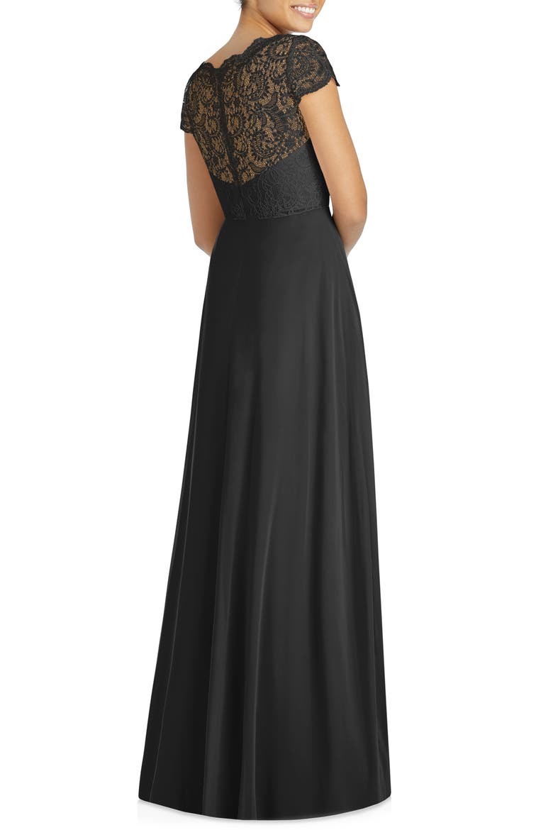 Lace & Chiffon Cap Sleeve Gown, Alternate, color, BLACK
