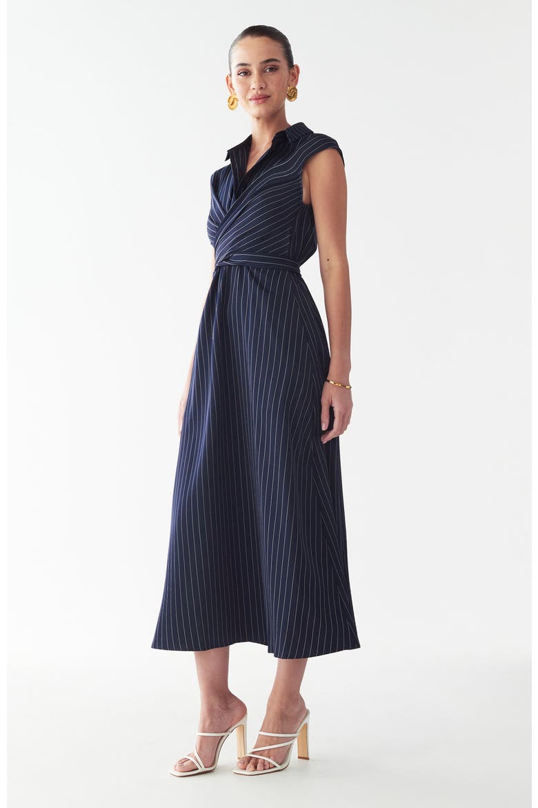 Gaia Midi Dress, Alternate, color, Navy Pinstripe
