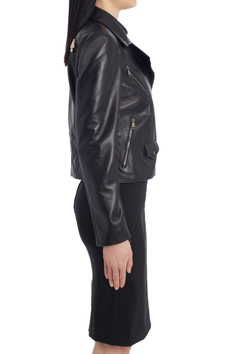 Dolce&Gabbana Crystal Logo Leather Biker Jacket, Alternate, color, 