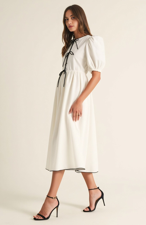 Modenaire Puff Sleeve Midi Dress With Tiered Front Ties And Contrast Trim