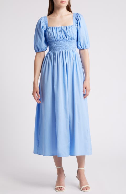 Smocked Puff Sleeve Midi Dress