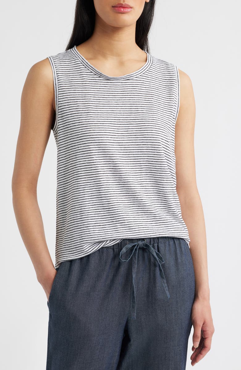 Eileen Fisher Stripe Crewneck Organic Linen Tank, Main, color, White/ Black