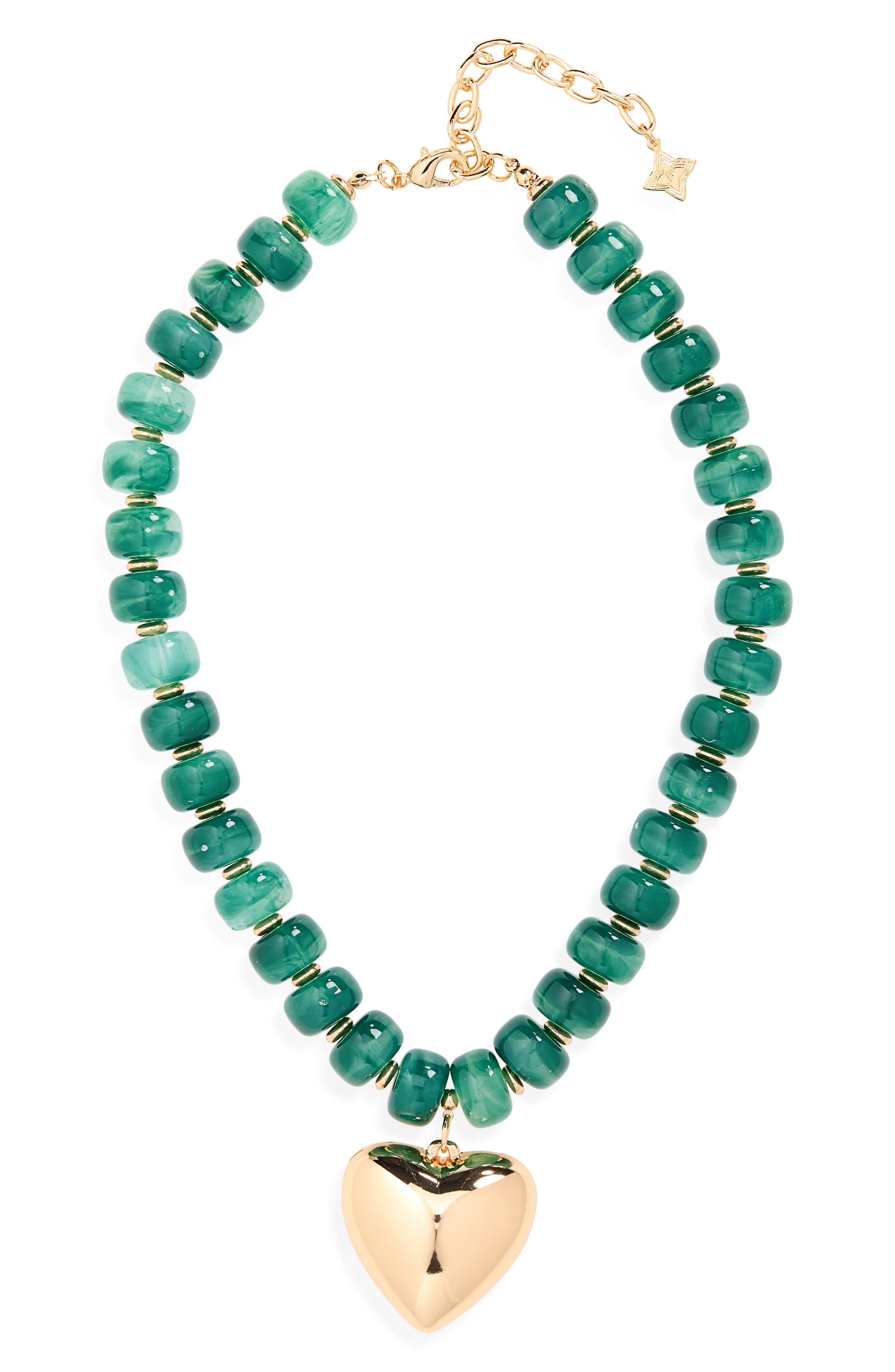 Resin Bead & Heart Pendant Necklace