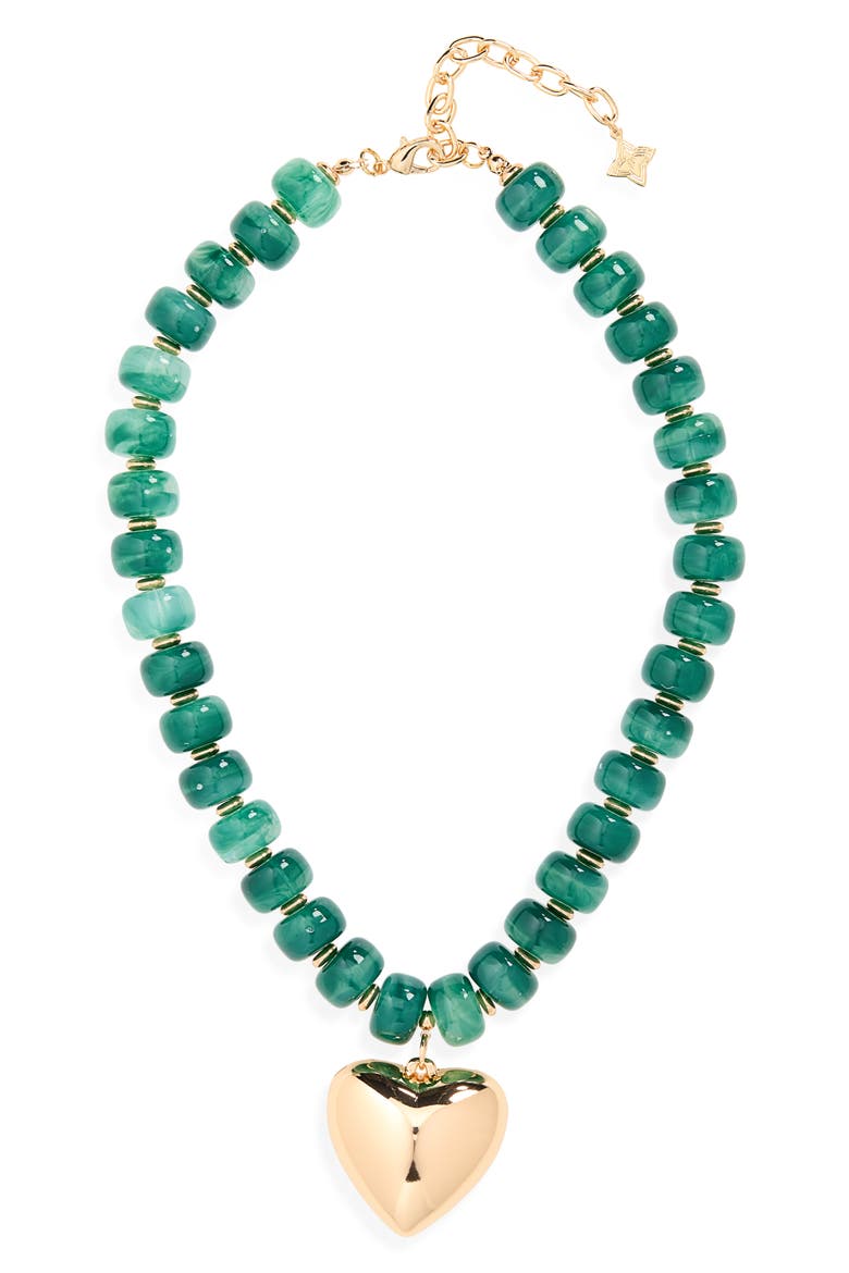 Resin Bead & Heart Pendant Necklace, Main, color, GREEN