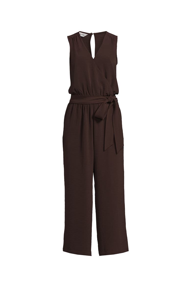 Plus Size Sleeveless Creaseless Wrap Jumpsuit with Smocked Waist, Alternate, color, Rich Seal Brown