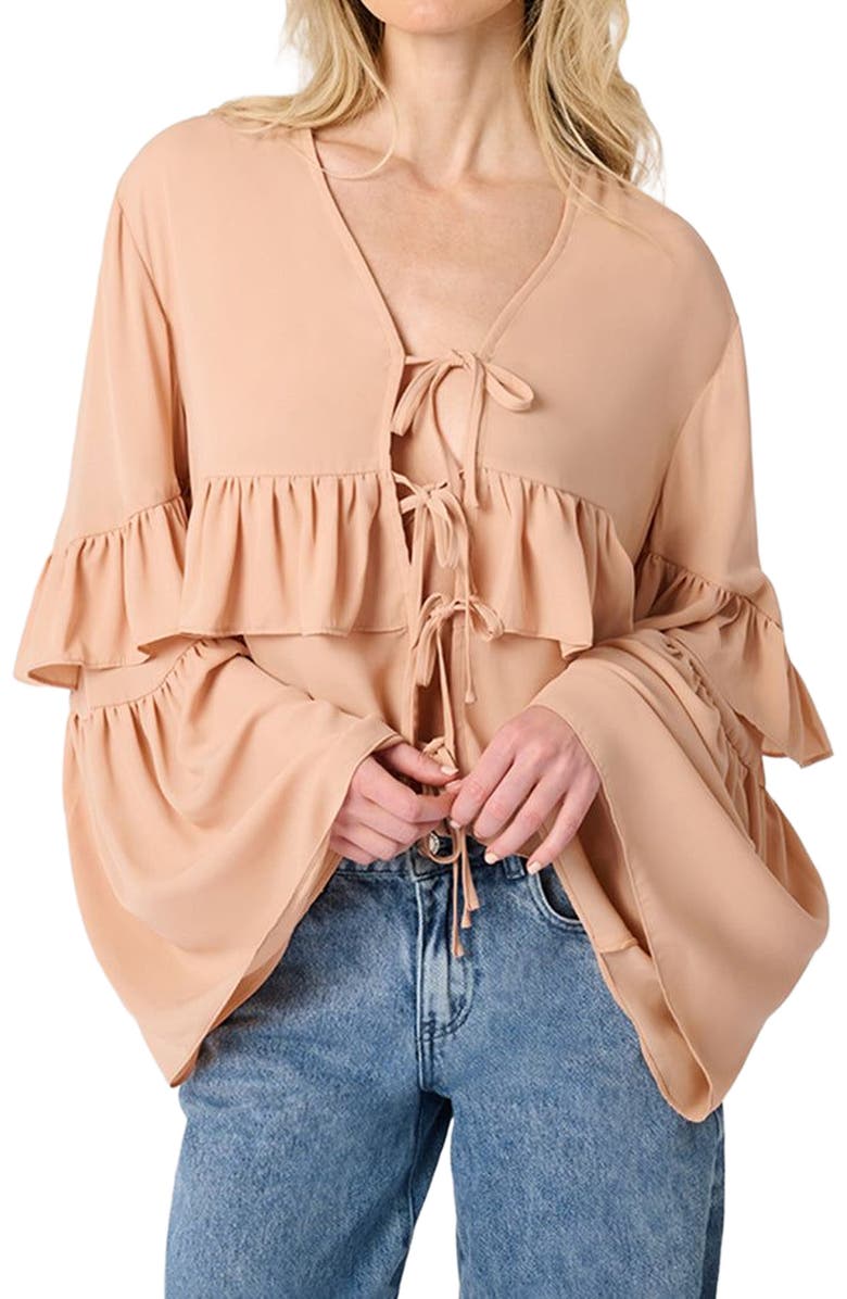 WeWoreWhat Ruffle Tie Front Top, Alternate, color, Almond