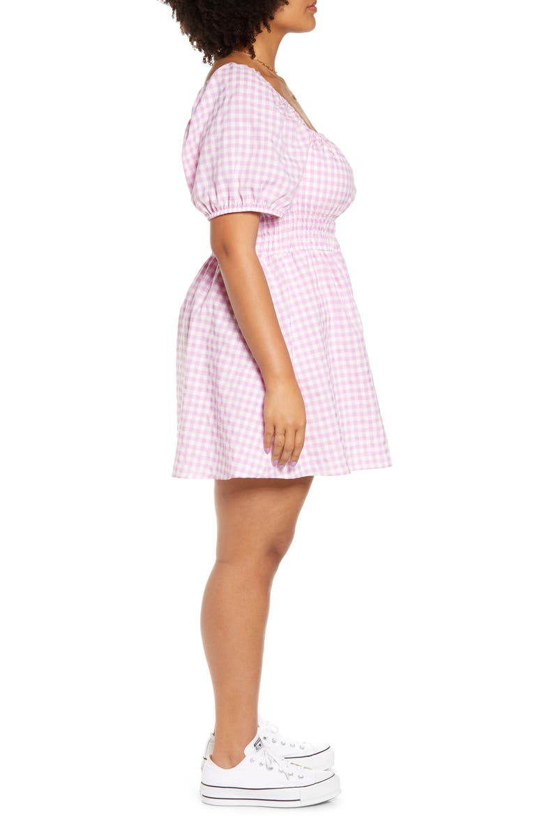 BP. Shirred Gingham Print Puff Sleeve Prairie Dress, Alternate, color, 