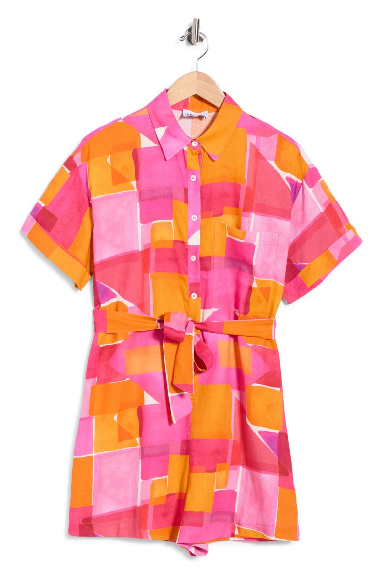 Leoline Tie Waist Linen Blend Romper, Alternate, color, GEO PINK