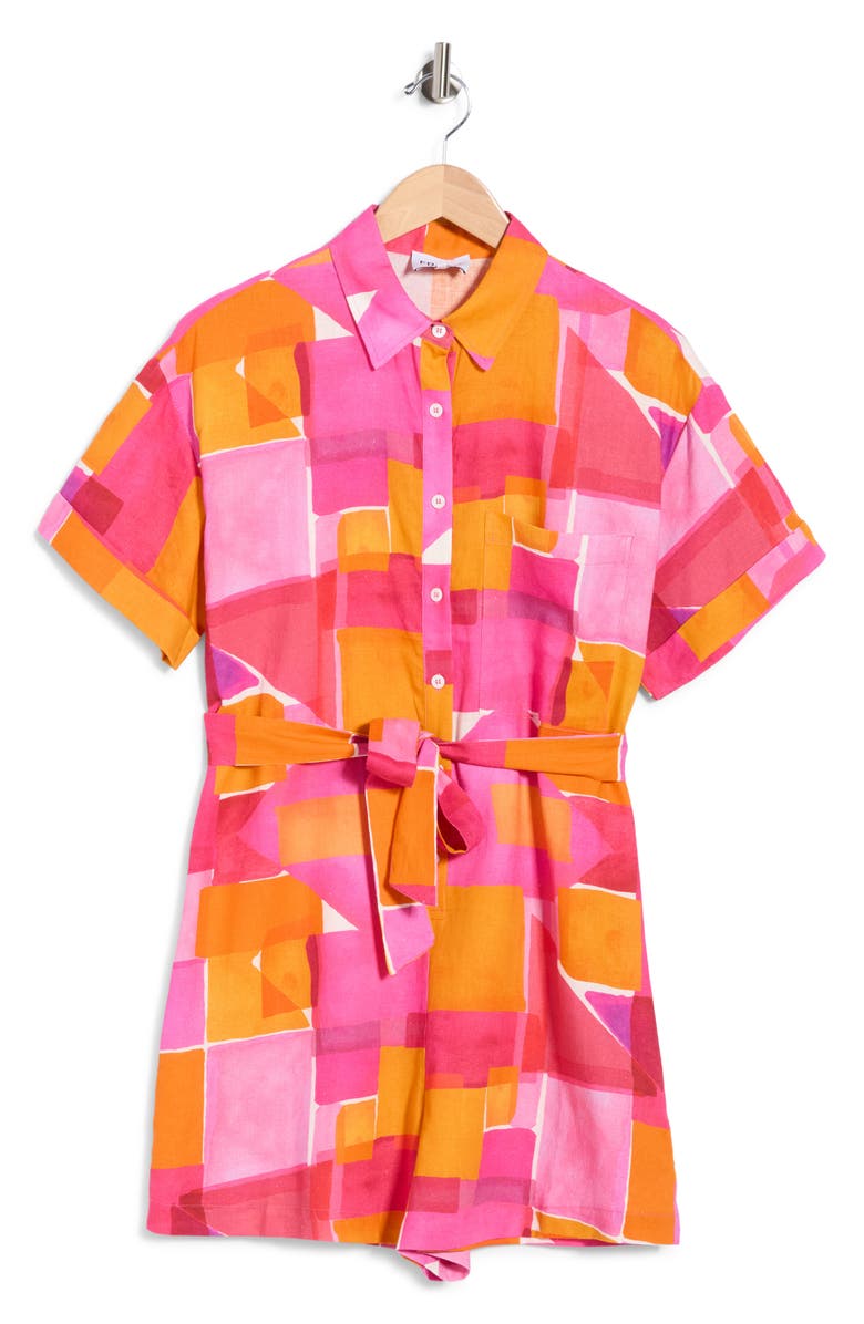 FRNCH Leoline Tie Waist Linen Blend Romper, Alternate, color, Geo Pink