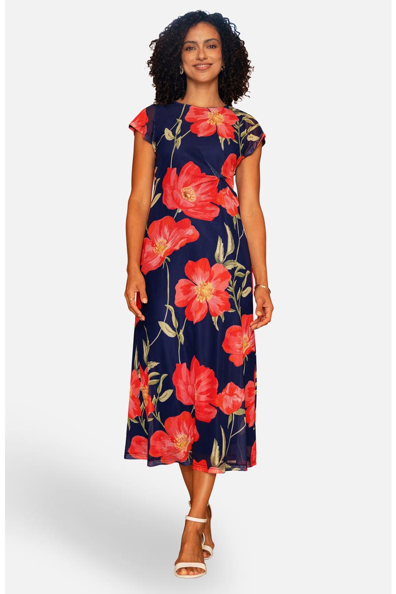 Poppy Print Midi Mesh Dress, Main, color, Navy