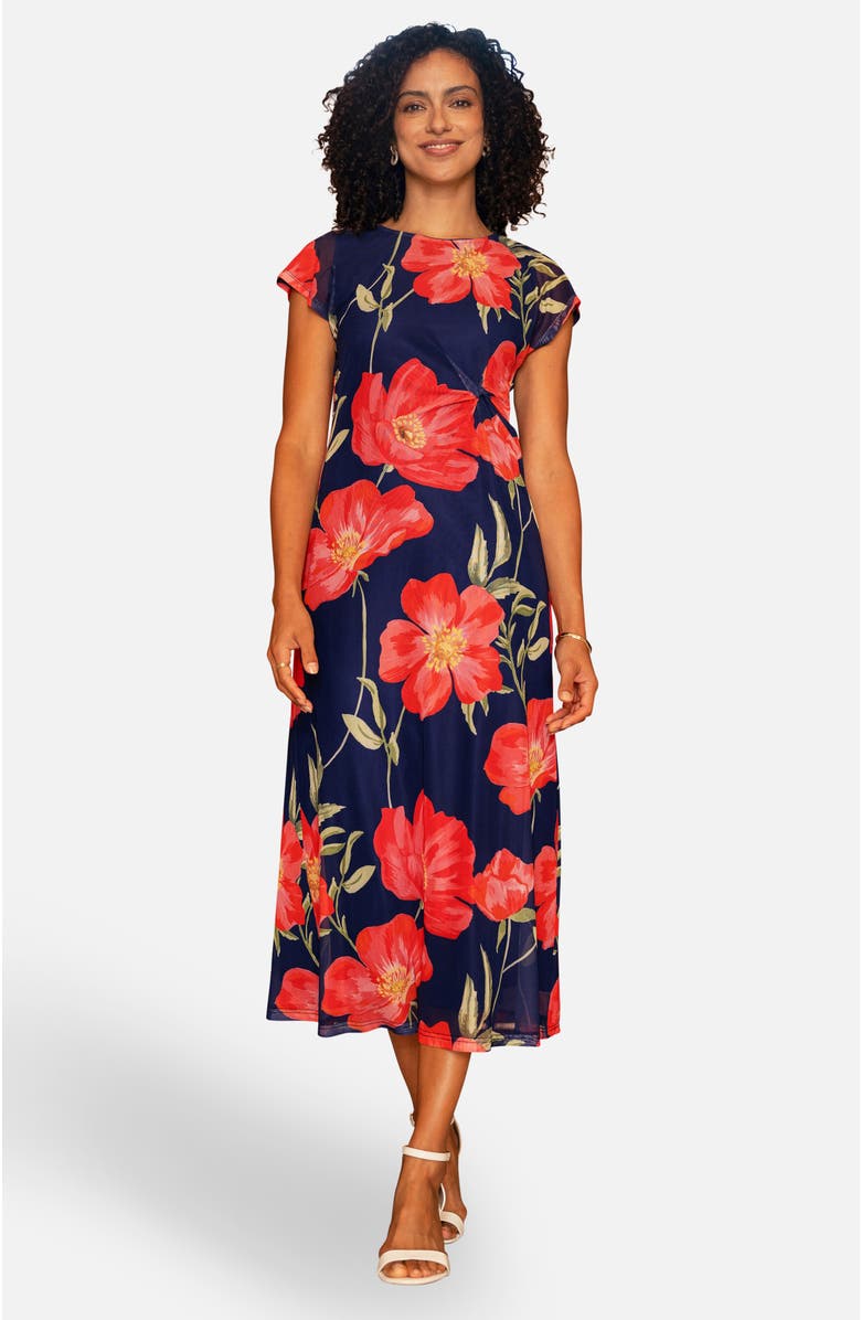 Yumi Poppy Print Midi Mesh Dress, Main, color, Navy