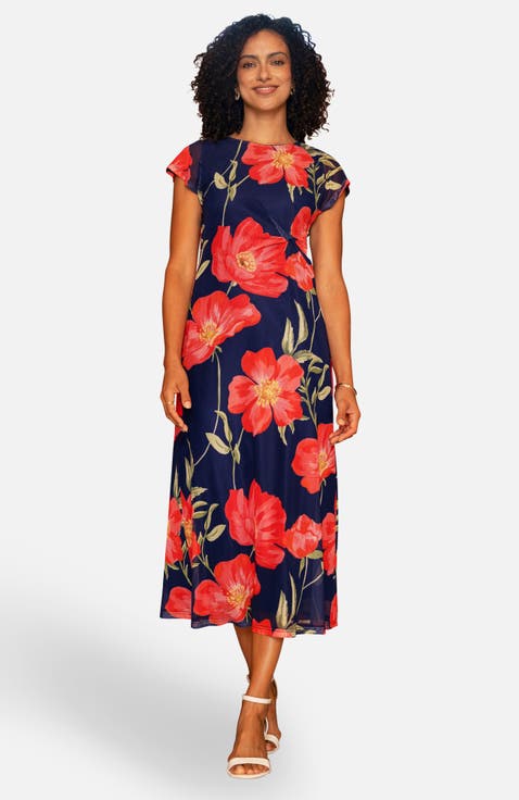 Poppy Print Midi Mesh Dress