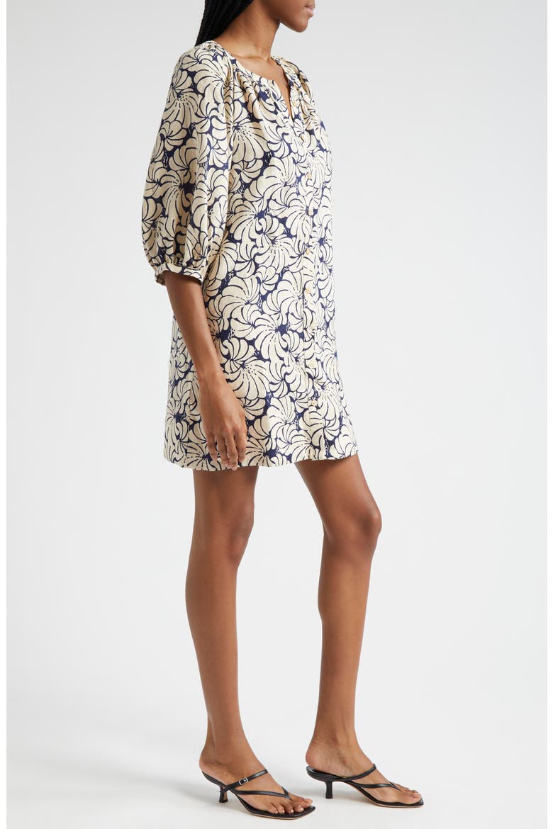 Print Long Sleeve Linen Shift Dress, Alternate, color, NAVY SCALLOP BLOCK PRINT