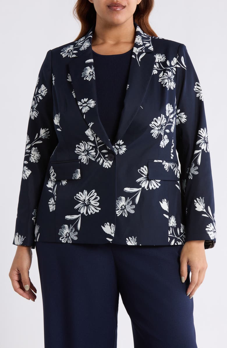 Tahari ASL Floral One-Button Jacket, Alternate, color, Navy Ivory