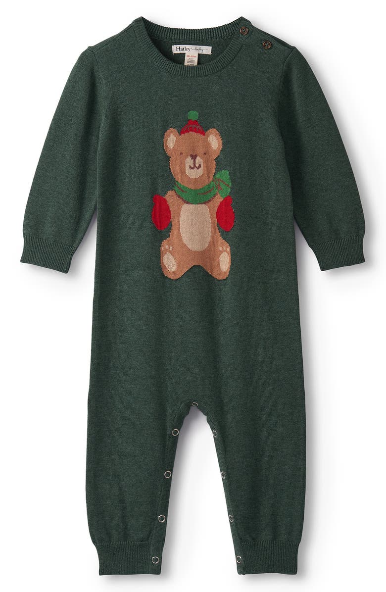 Hatley Intarsia Teddy Bear Cotton Sweater Romper, Main, color, Green