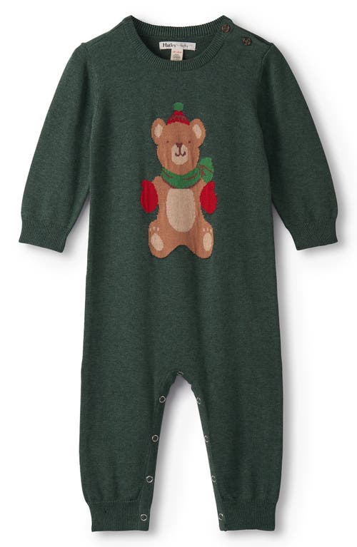 Hatley Babies'  Intarsia Teddy Bear Cotton Sweater Romper In Green