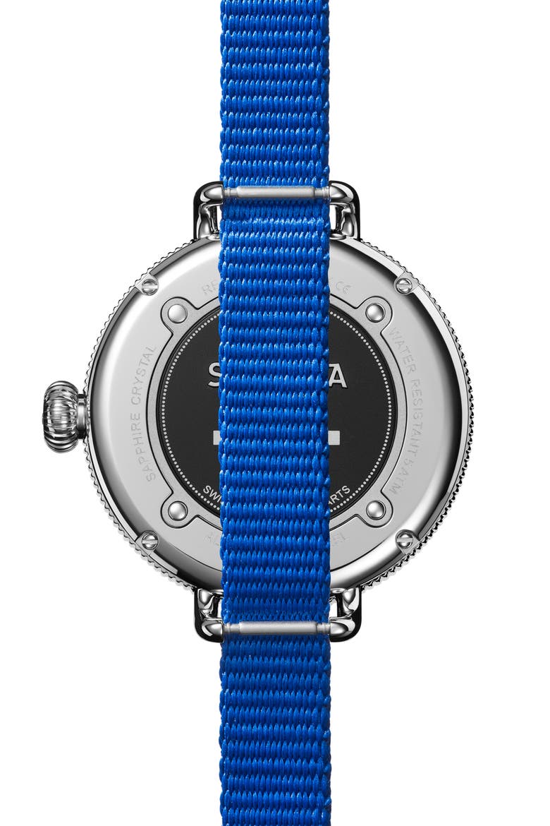 Birdy Blue/White/Red Grosgrain Stripe Strap Watch, 38mm, Alternate, color, WHITE/ BLUE