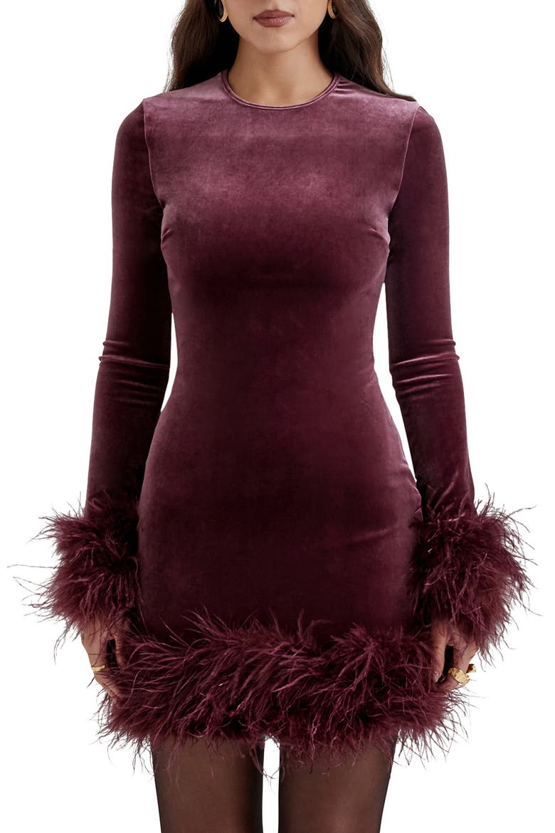 Lavinia Feather Trim Long Sleeve Velvet Body-Con Cocktail Minidress, Alternate, color, MULBERRY