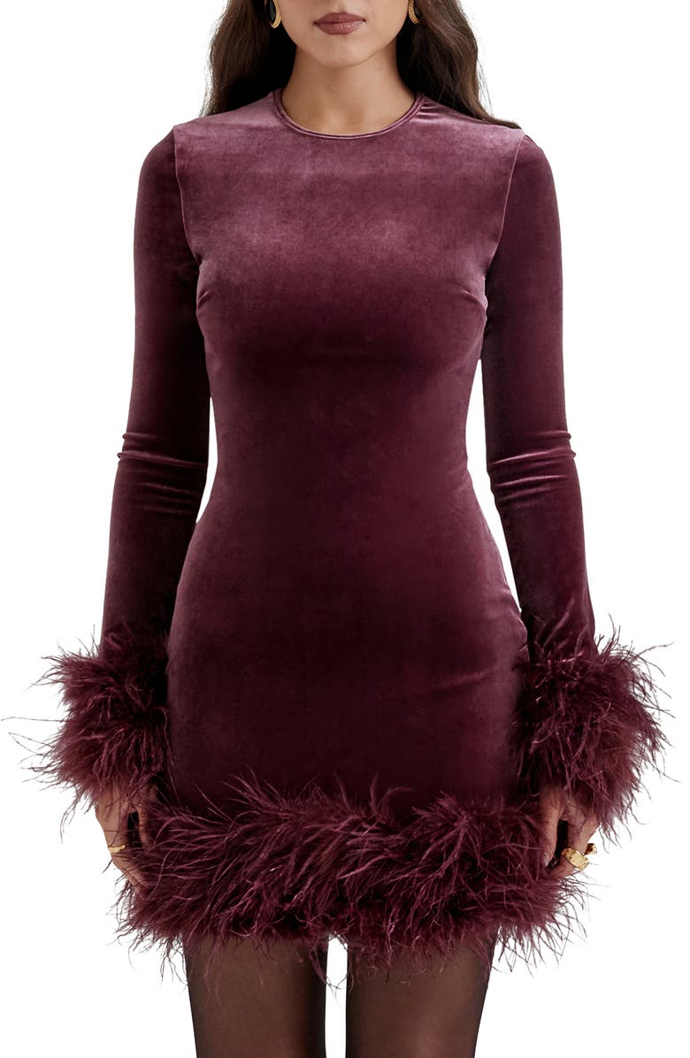 HOUSE OF CB Lavinia Feather Trim Long Sleeve Velvet Body-Con Cocktail Minidress, Alternate, color, Mulberry