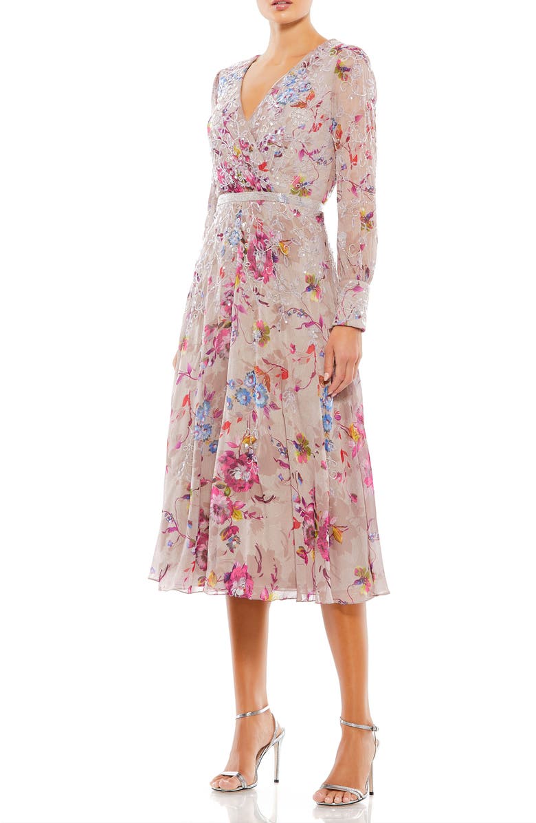 Mac Duggal Long Sleeve Embellished Floral Midi Dress, Main, color, Mauve Multi