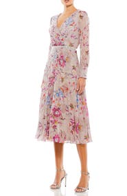Mac Duggal Long Sleeve Embellished Floral Midi Dress