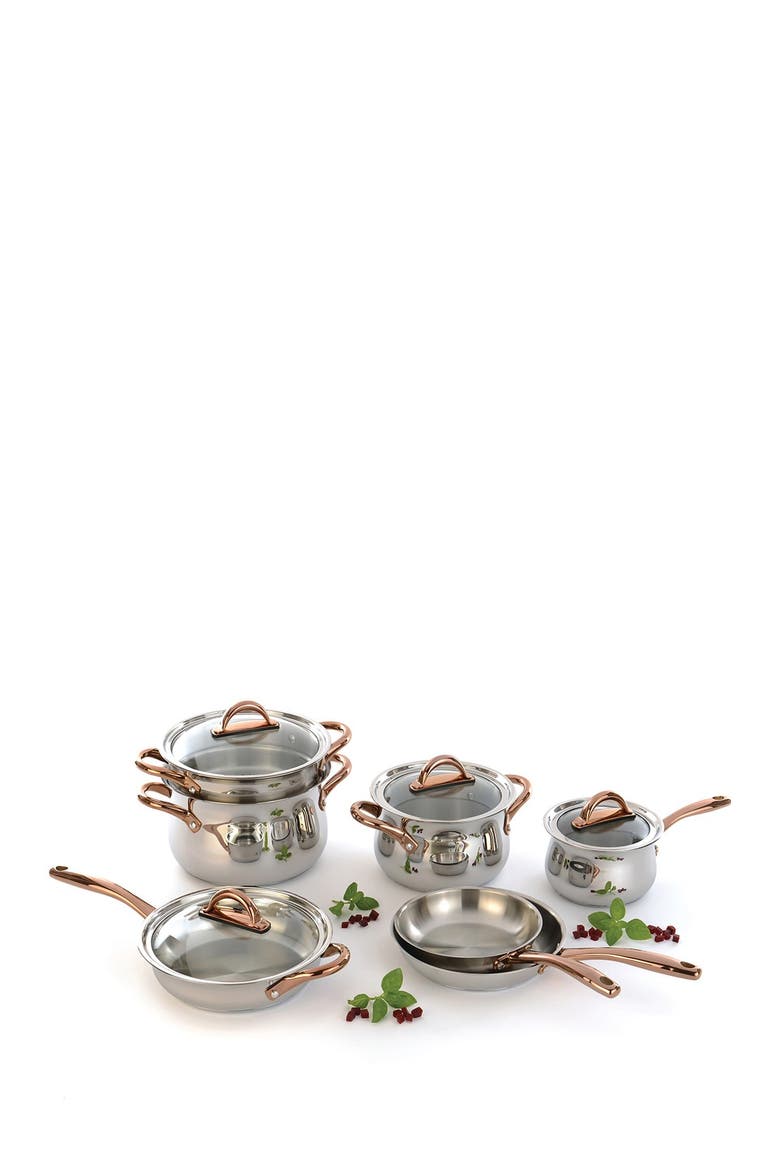 Ouro 11-Piece Cookware Set, Main, color, SILVER/ ROSE GOLD HANDLES
