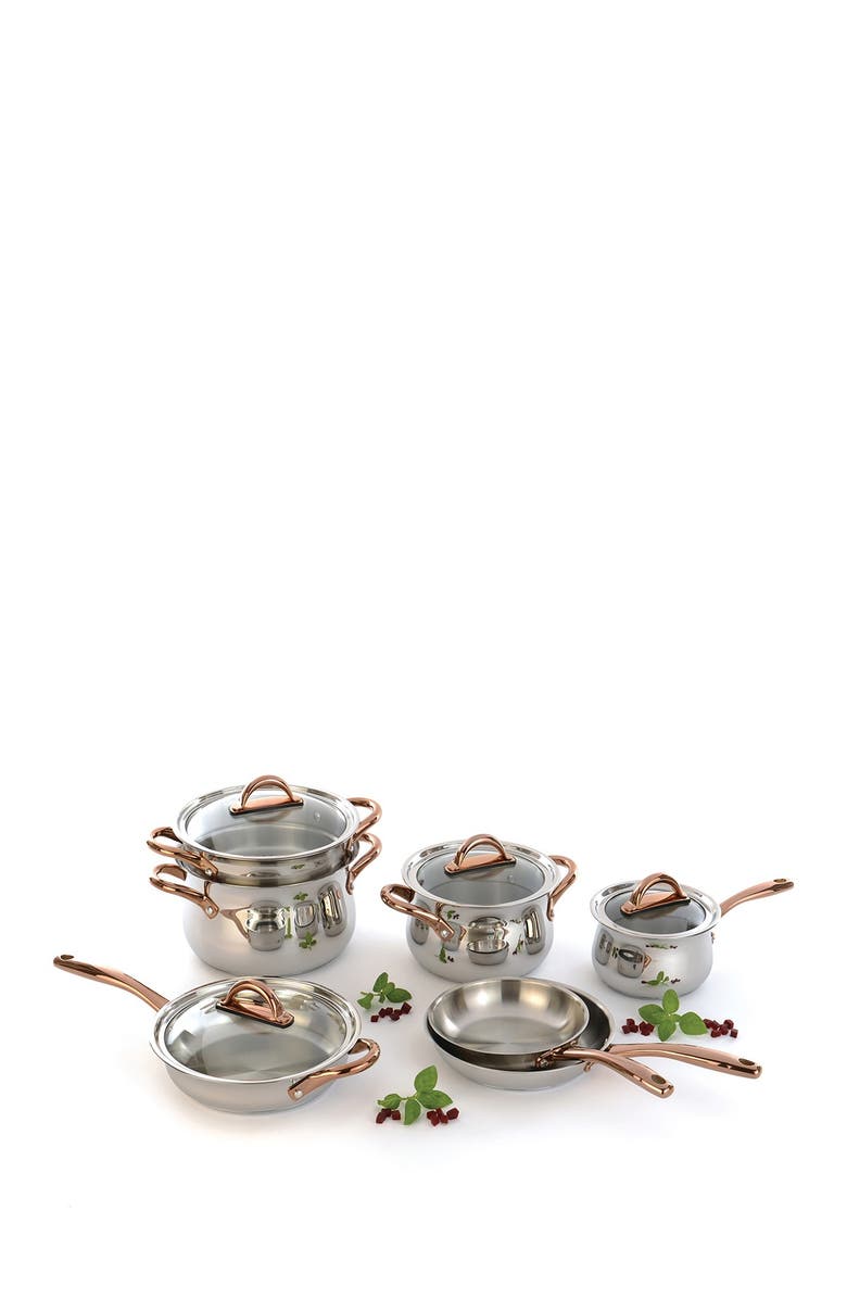 BergHOFF Ouro 11-Piece Cookware Set, Main, color, Silver/ Rose Gold Handles
