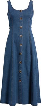 Anne Klein Button Detail Sleeveless Flared Denim Dress