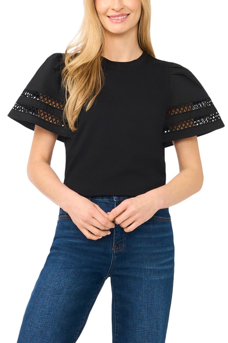 Embroidered Detail Short Sleeve Cotton Top, Main, color, RICH BLACK