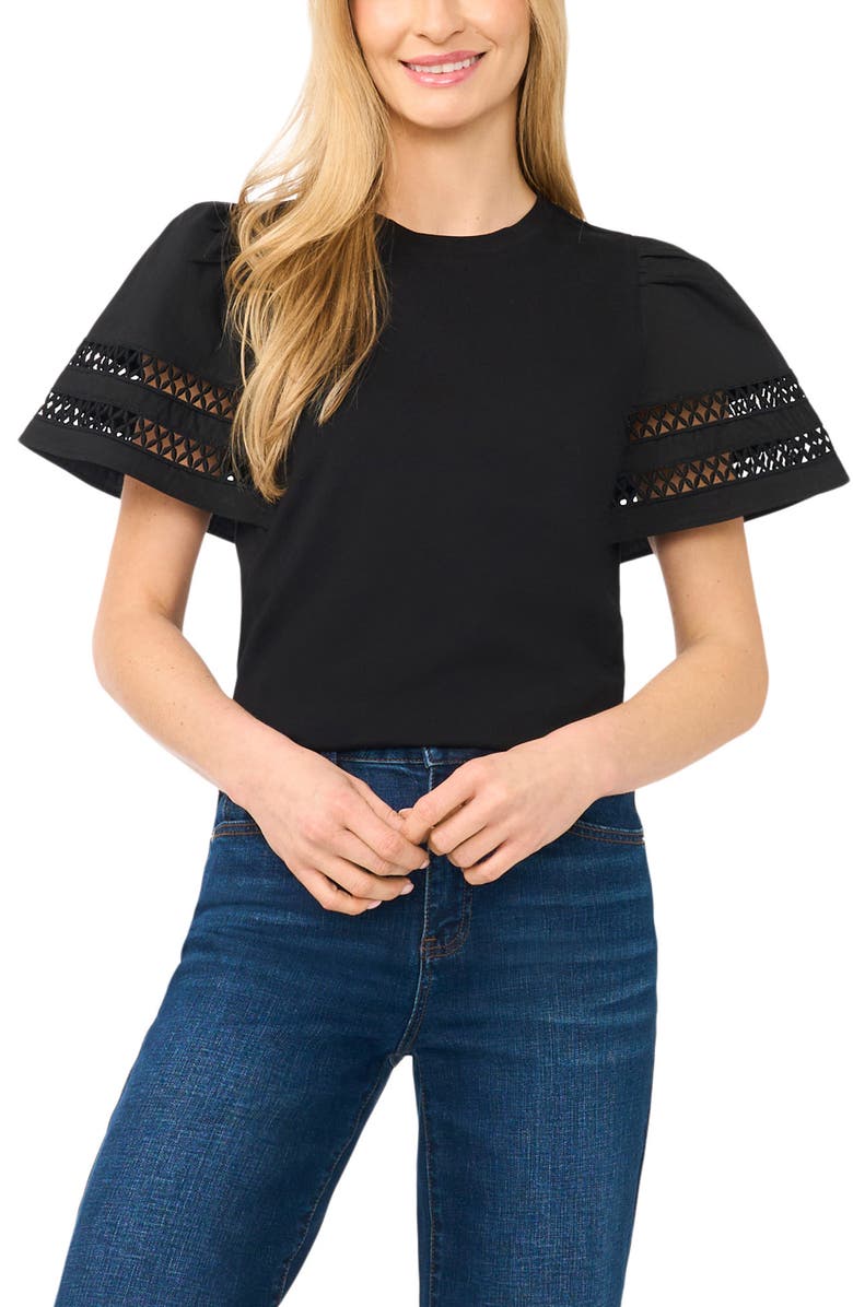 CeCe Embroidered Detail Short Sleeve Cotton Top, Main, color, Rich Black