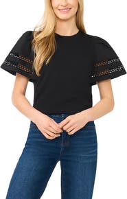 CeCe Embroidered Detail Short Sleeve Cotton Top