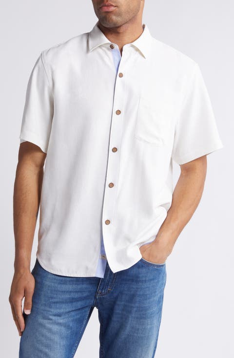 Isle of Tiki Embroidered Short Sleeve Silk Graphic Button-Up Shirt