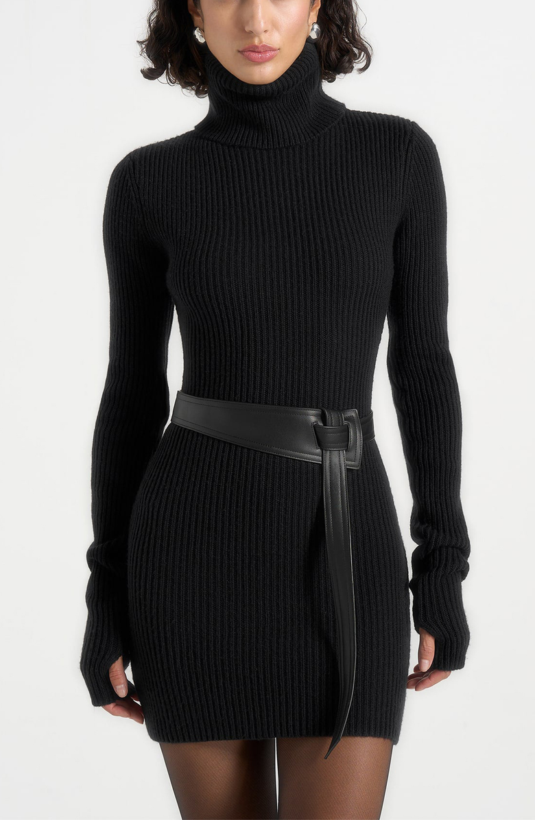 Manière De Voir Kalia Roll Neck Knitted Mini Dress With Belt, Alternate, color, Black