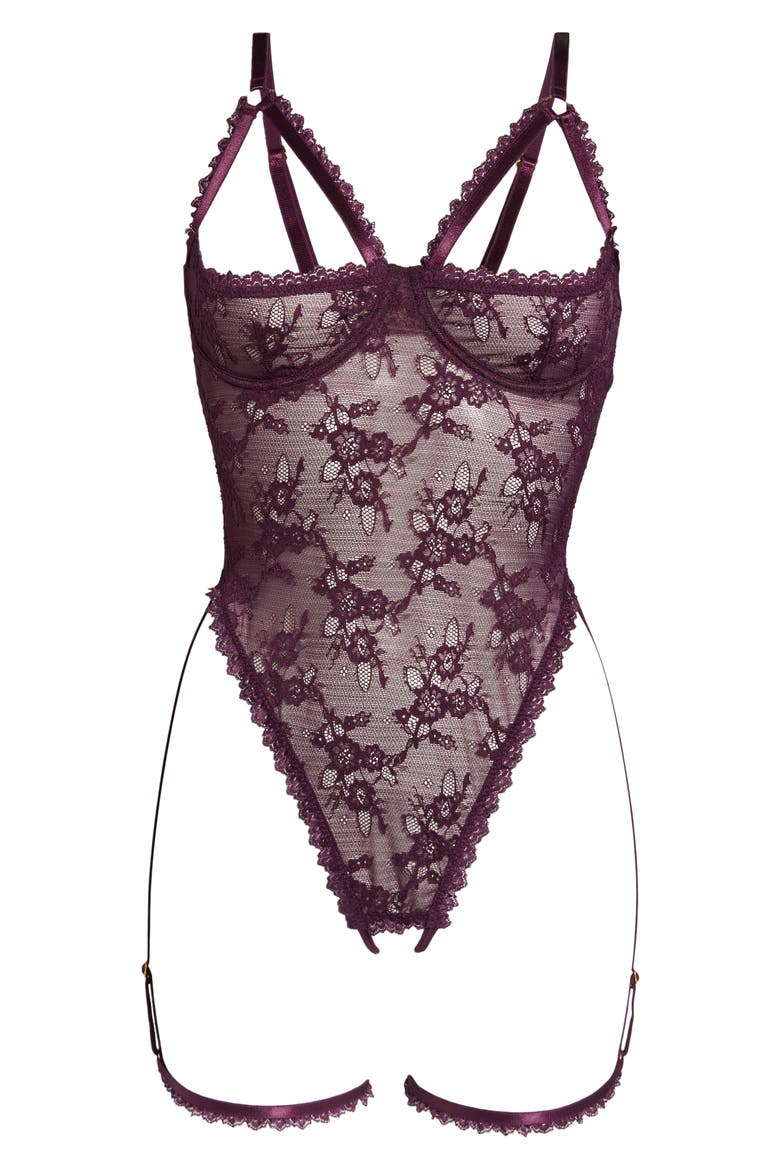 Elayne Lace Open Cup Underwire Teddy with Garter Straps, Alternate, color, POTENT PURPLE