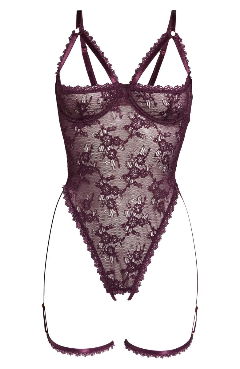 Oh La La Cheri Elayne Lace Open Cup Underwire Teddy with Garter Straps, Alternate, color, Potent Purple