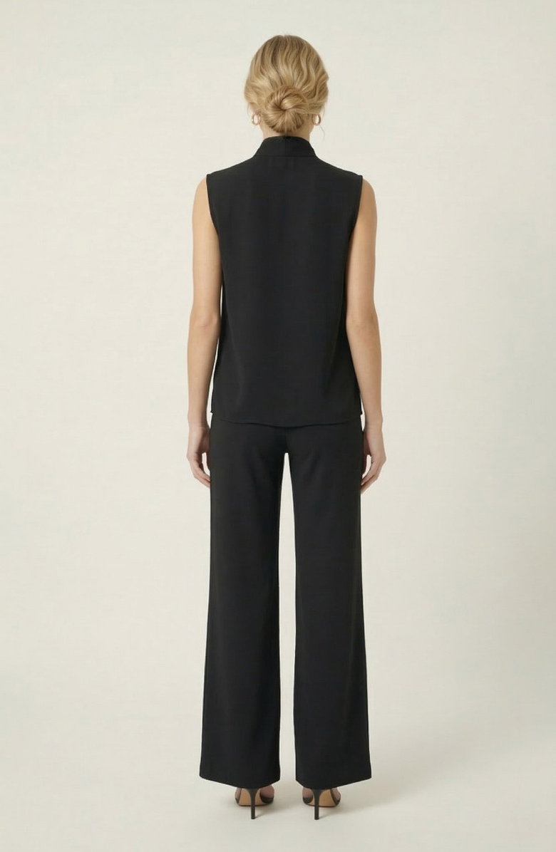 Modenaire Sleeveless Tie Neck Blouse and Wide Leg Pant Set, Alternate, color, Black