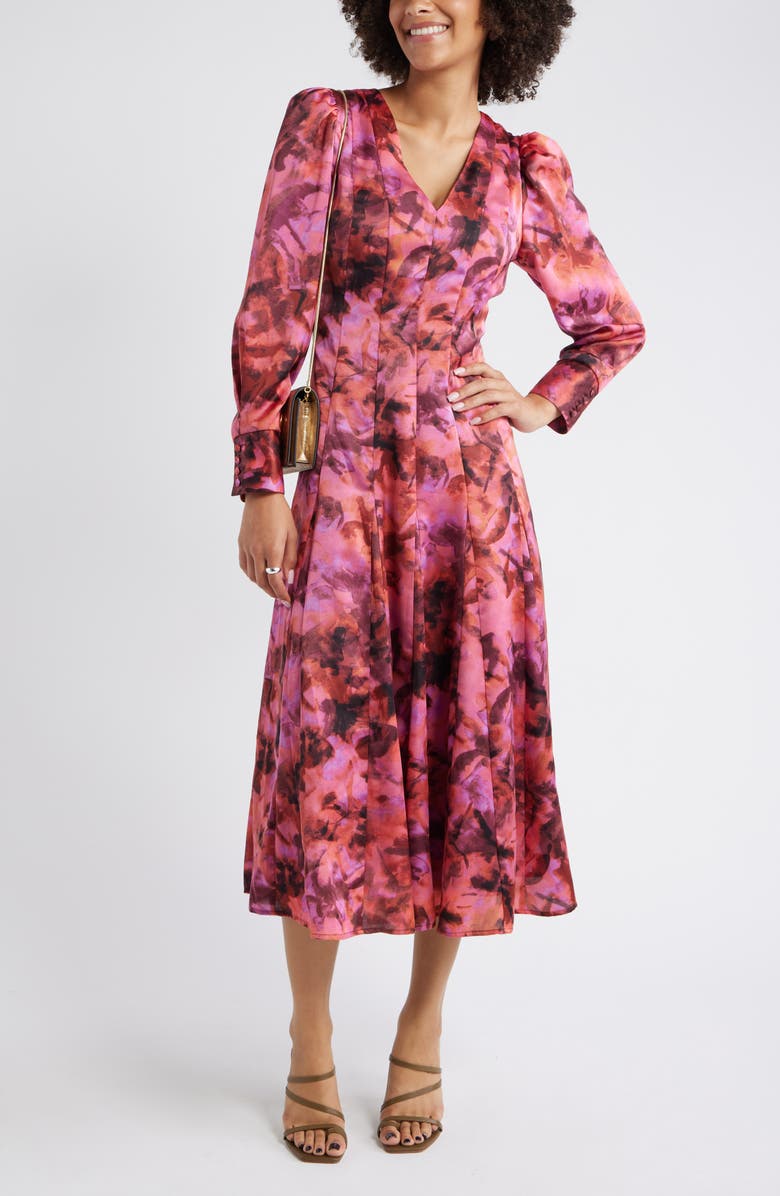Chelsea28 Long Sleeve Satin Midi Dress, Alternate, color, Pink Magnolia Bloom