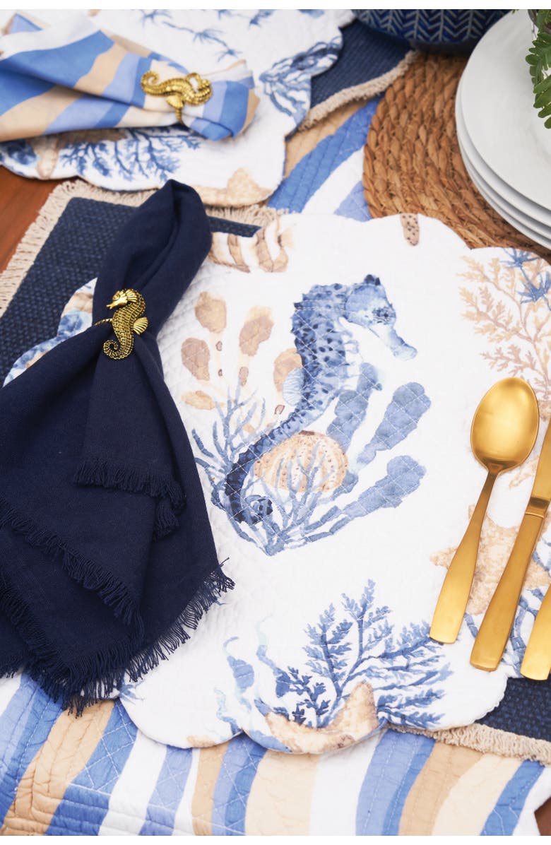 C&F Home Seahorse Sands Reversible Machine Washable Scallop Quilt Round Placemats Set of 6, Alternate, color, Gold