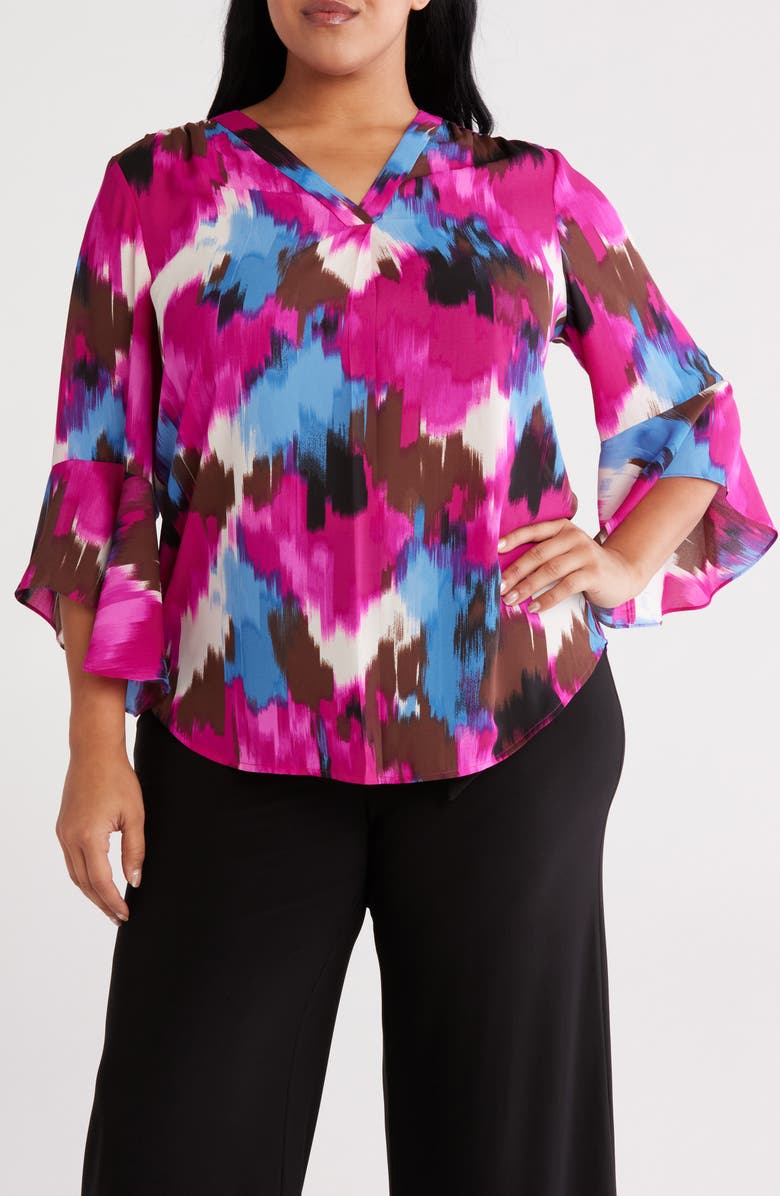 Jones New York Abstract Print V-Neck Flutter Sleeve Top, Main, color, 