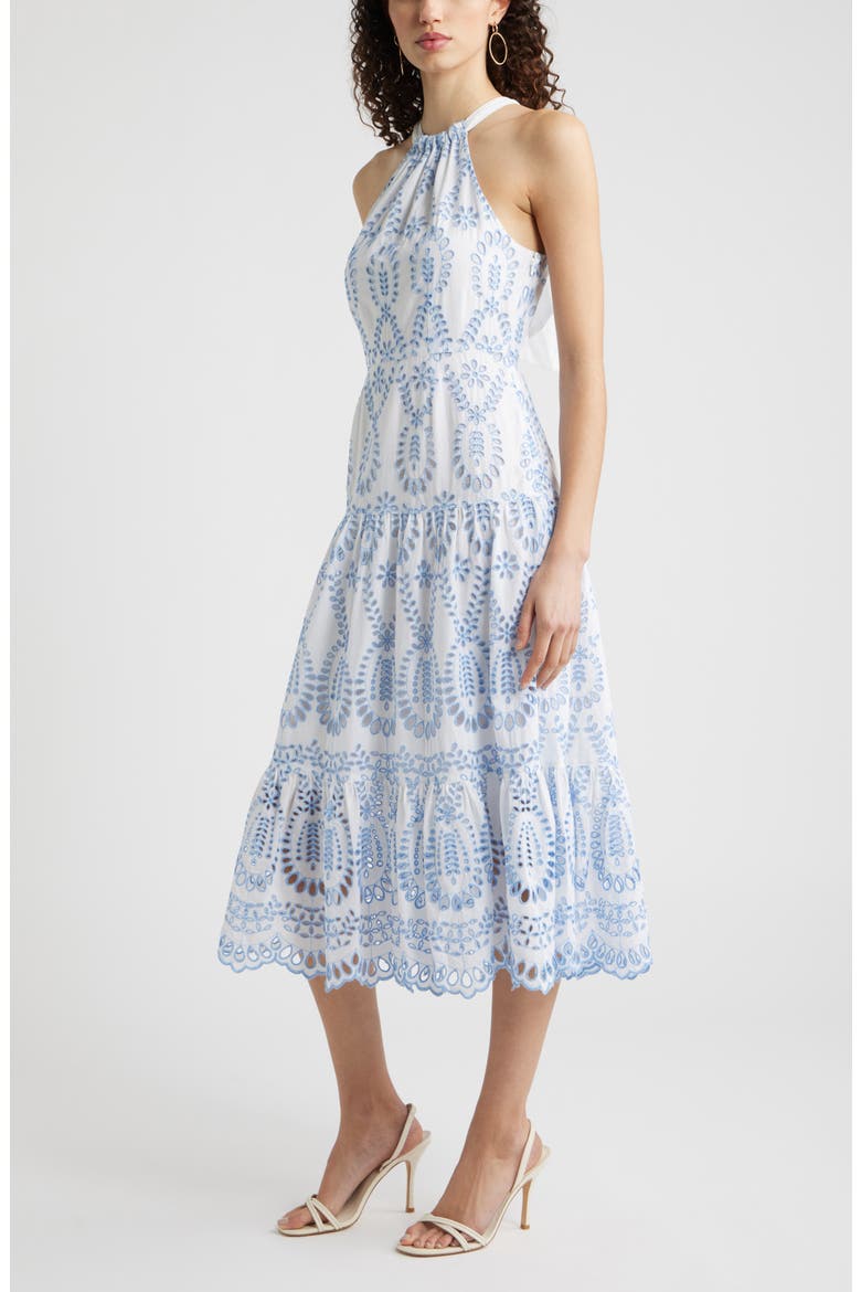 Cotton Eyelet Tiered Dress, Alternate, color, WHITE- BLUE EYELET