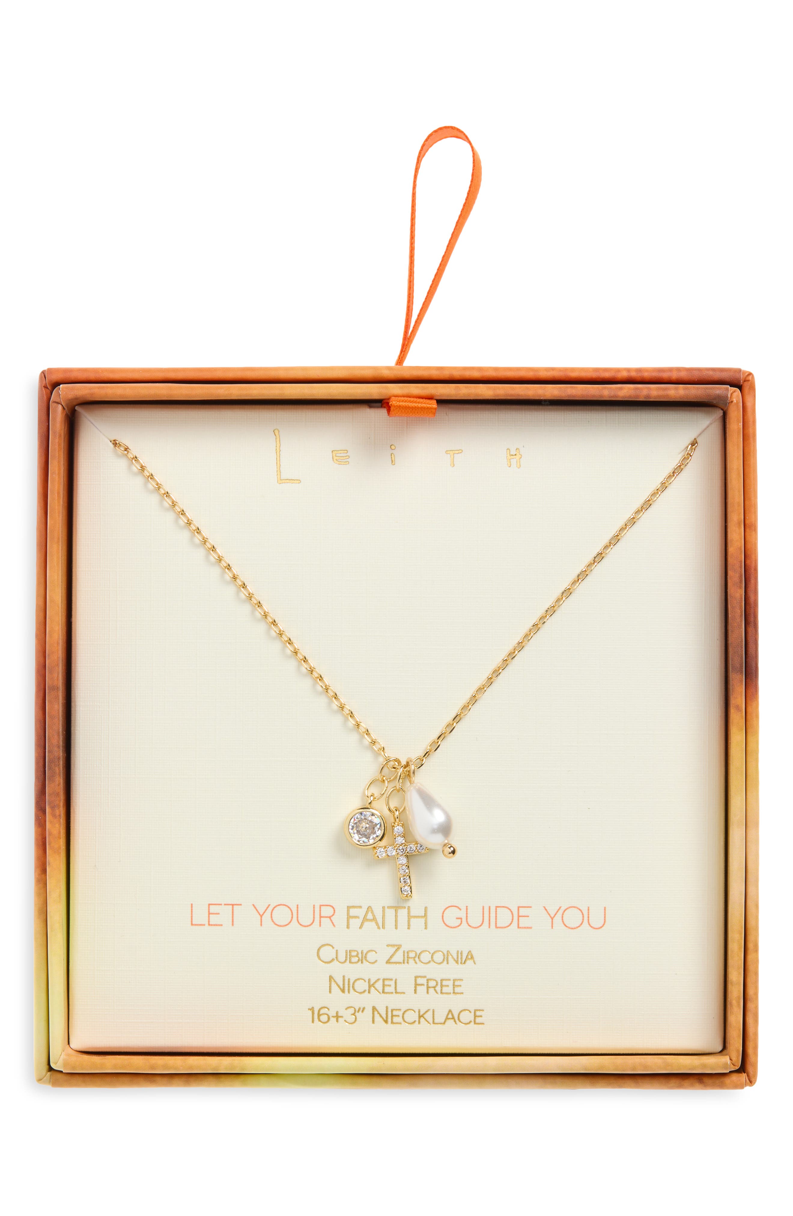 Leith Cubic Zirconia Cross & Faux Pearl Charm Pendant Necklace