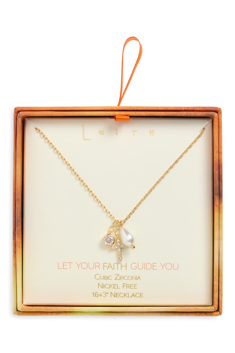 Cubic Zirconia Cross & Faux Pearl Charm Pendant Necklace, Main, color, CLEAR- WHITE- GOLD